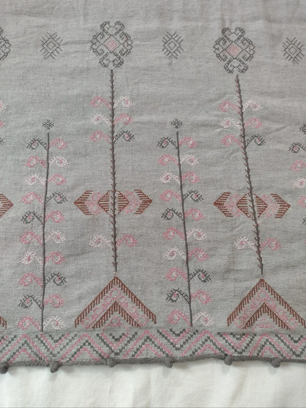 Anthropologie Cotton Linen Embroidered Natani Curtain Single Panel Grey Pink